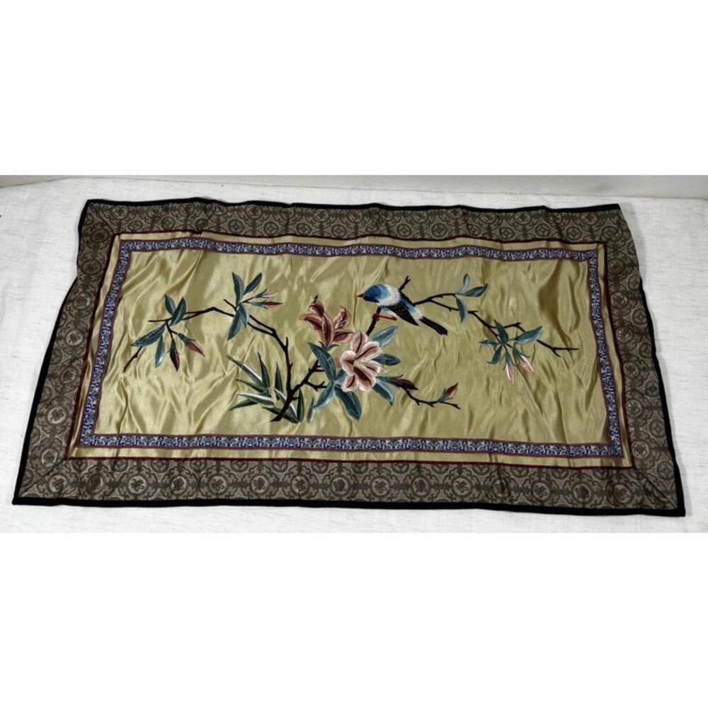 Vintage Dun Huang Chinese Silk Embroidery Bird & Flowers Wall Hanging 12x24